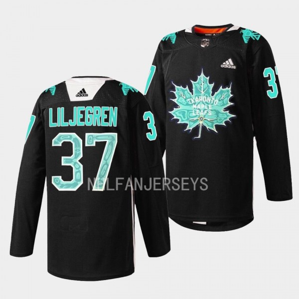 Toronto Maple Leafs 2023 Indigenous Celebration Game Timothy Liljegren #37 Black Jersey Warmup Sweater
