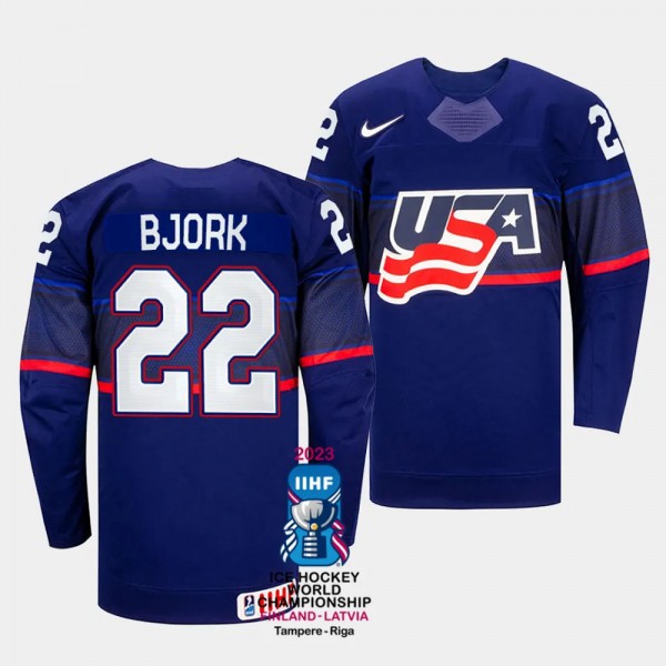 Anders Bjork 2023 IIHF World Championship USA #22 Blue Away Jersey Men
