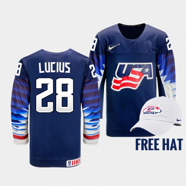 Chaz Lucius USA Hockey 2022 IIHF World Junior Championship Free Hat Jersey Blue