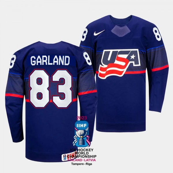 Conor Garland 2023 IIHF World Championship USA #83 Blue Away Jersey Men