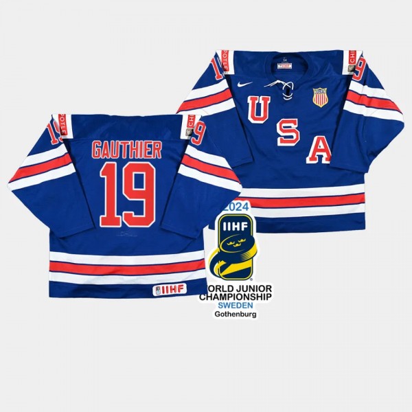 Cutter Gauthier USA Hockey 2024 IIHF World Junior Champions Jersey Blue