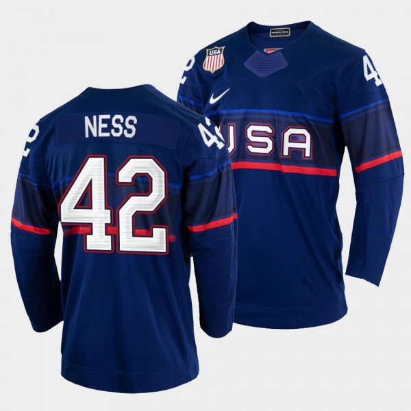 USA Hockey #42 Aaron Ness 2022 Winter Olympics Blue Jersey
