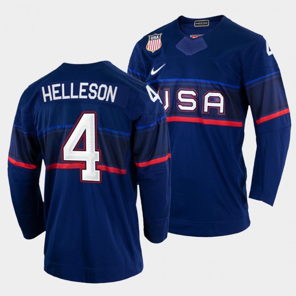 USA Hockey #4 Drew Helleson 2022 Winter Olympics Blue Jersey