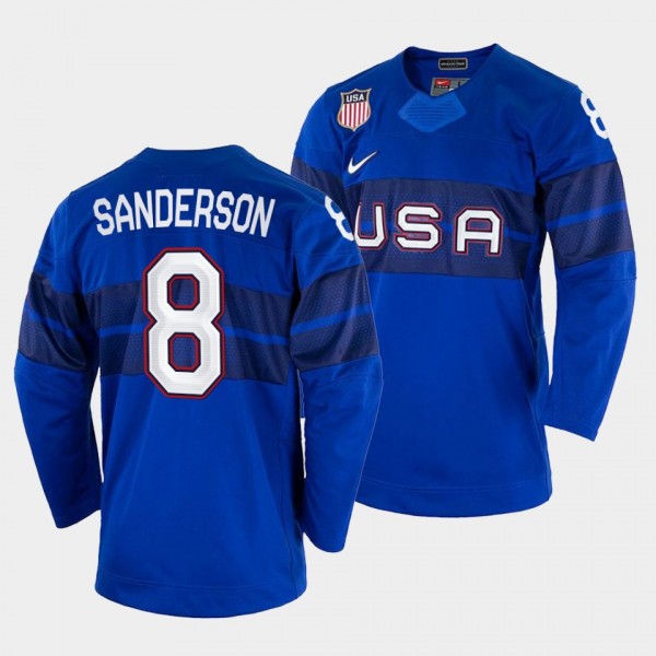 USA Hockey #8 Jake Sanderson 2022 Winter Olympics Royal Jersey
