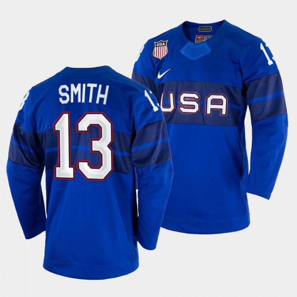 USA Hockey #13 Nathan Smith 2022 Winter Olympics Royal Jersey