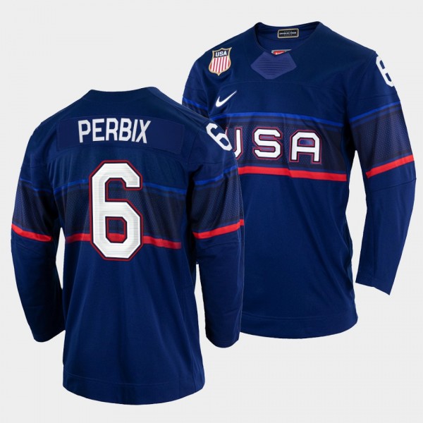 USA Hockey #6 Nick Perbix 2022 Winter Olympics Blu...