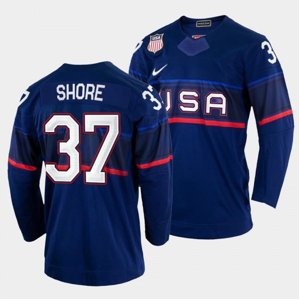 USA Hockey #37 Nick Shore 2022 Winter Olympics Blu...