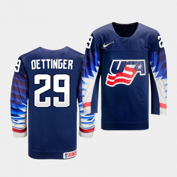 Jake Oettinger USA Team 2021 IIHF World Championship Away Navy Jersey