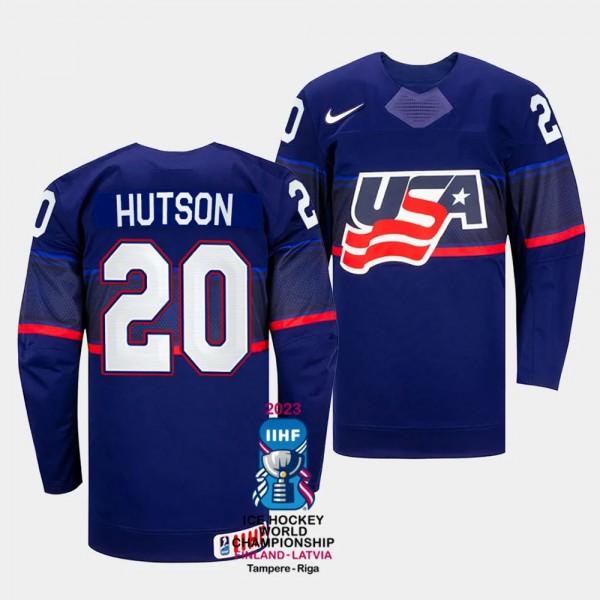 Lane Hutson 2023 IIHF World Championship USA #20 Blue Away Jersey Men