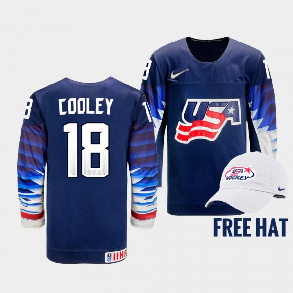 Logan Cooley USA Hockey 2022 IIHF World Junior Championship Free Hat Jersey Blue