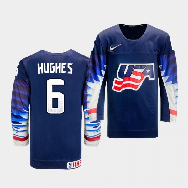 USA Team Luke Hughes 2021 IIHF Ice Hockey U18 World Championship #6 Away Navy Jersey