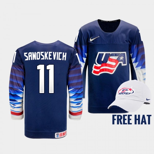 Mackie Samoskevich USA Hockey 2022 IIHF World Junior Championship Free Hat Jersey Blue