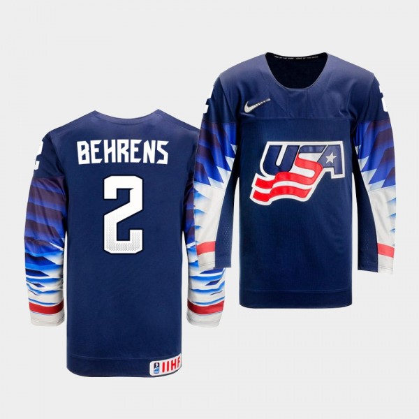 USA Team Sean Behrens 2021 IIHF Ice Hockey U18 World Championship #2 Away Navy Jersey