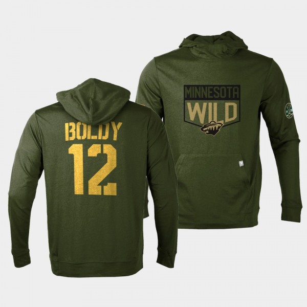 Matt Boldy Minnesota Wild 2022 Salute to Service Olive Levelwear Hoodie