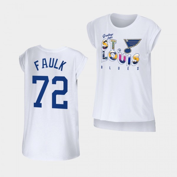 Justin Faulk #72 St. Louis Blues T-Shirt Women WEAR by Erin Andrews Greetings From Sleeveless White Tee