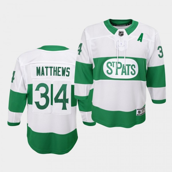 Auston Matthews #34 Maple Leafs 2021 St. Pats Youth Green Throwback Jersey