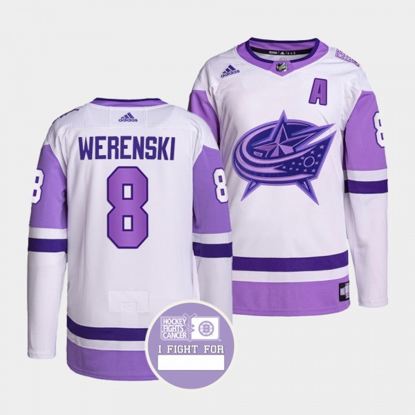Columbus Blue Jackets Zach Werenski Hockey Fights Cancer Jersey #8 Purple White Authentic Pro